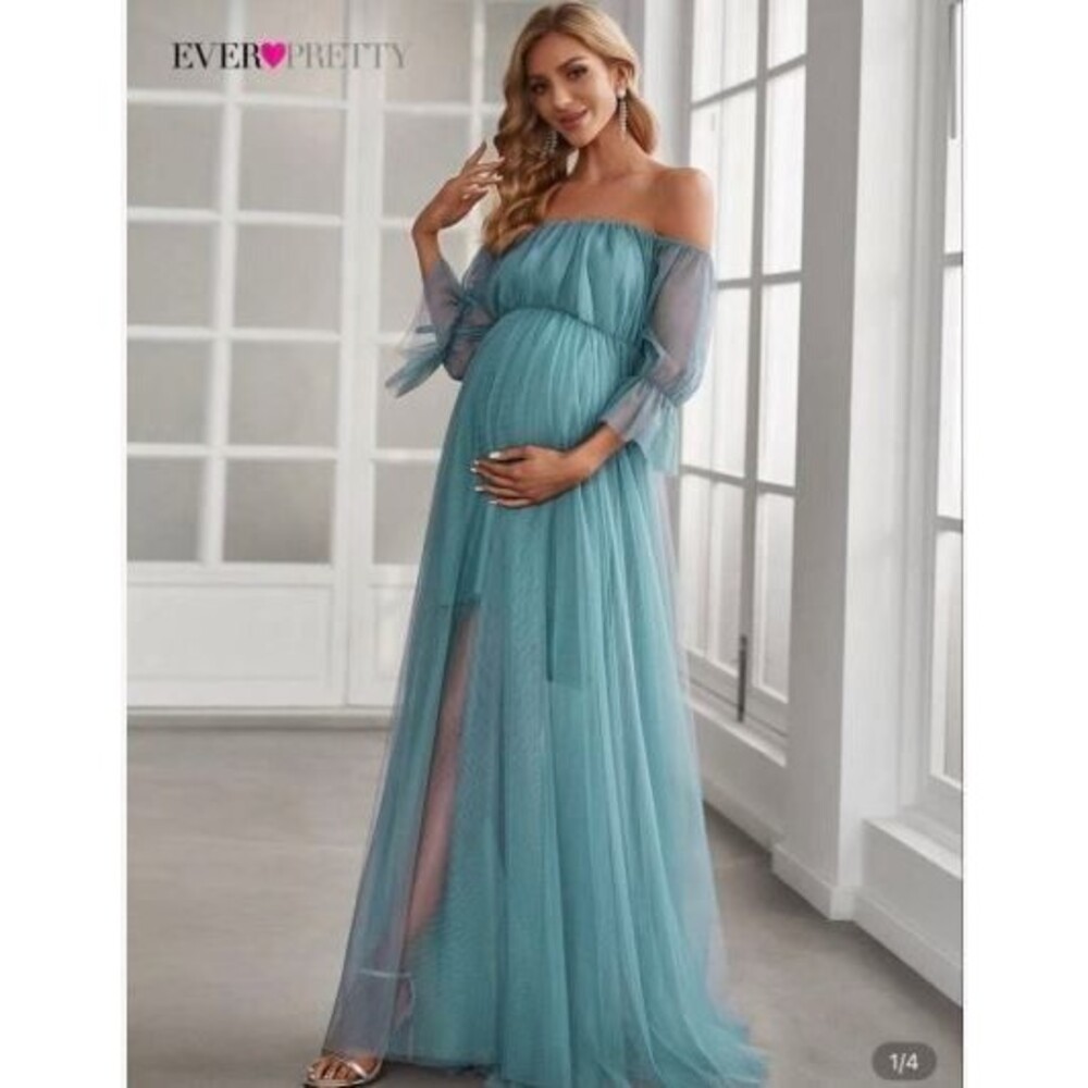 Ever Pretty maternity Sheer Off-Shoulder Double Skirt Maxi dress‎ Size M photos
